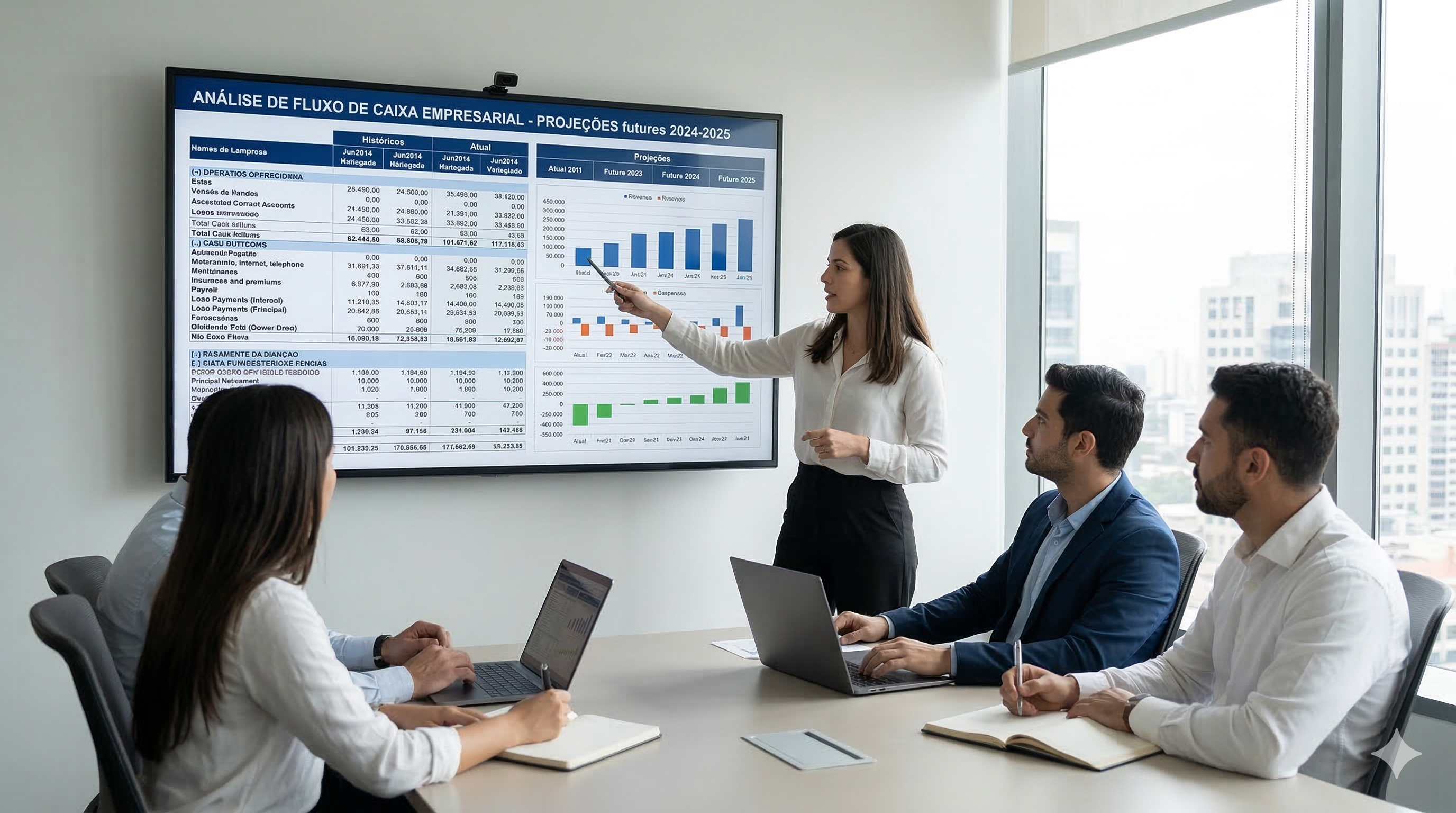 Análise de fluxo de caixa empresarial com projeções futuras