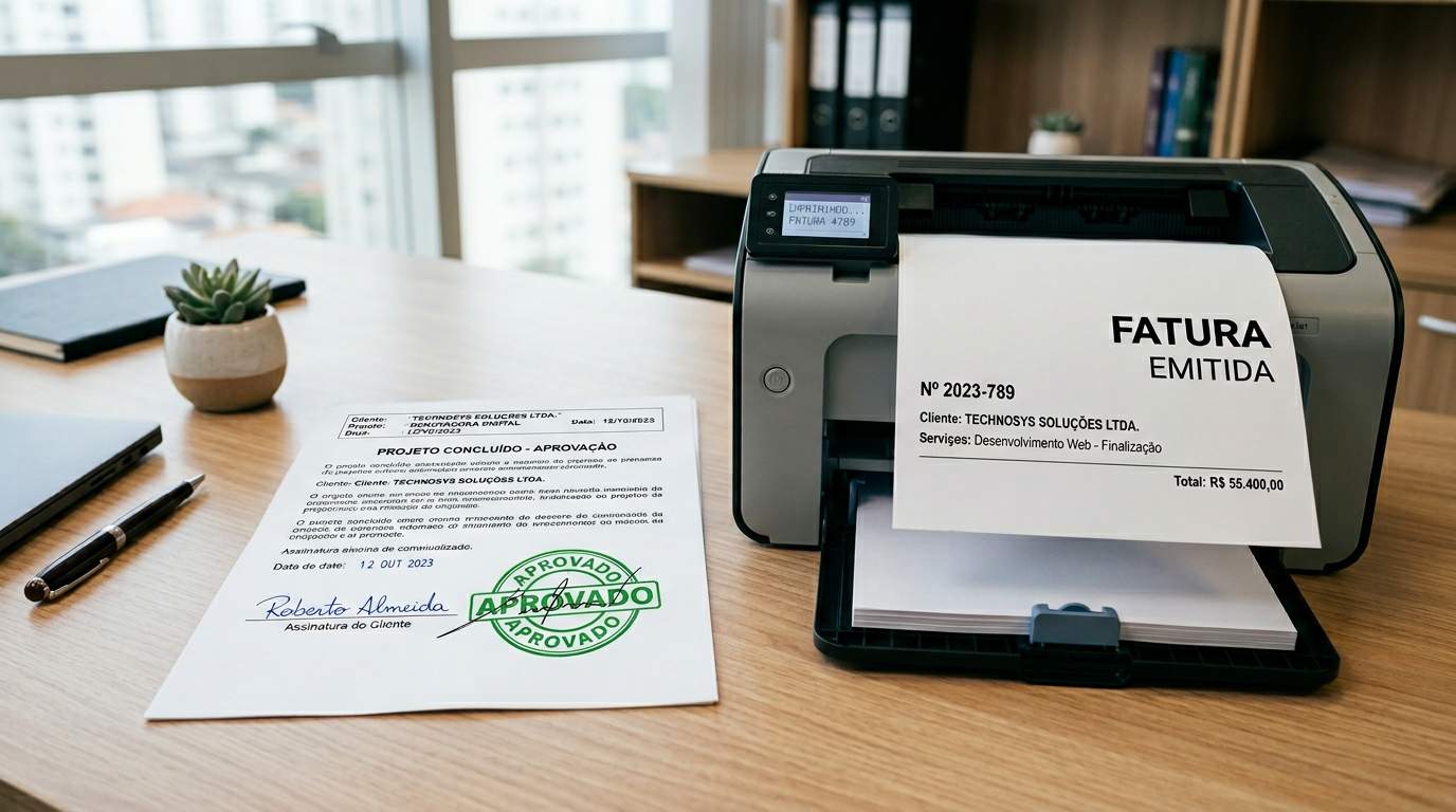 Ciclo financeiro de empresa de serviços: projeto entregue, faturamento emitido, pagamento recebido