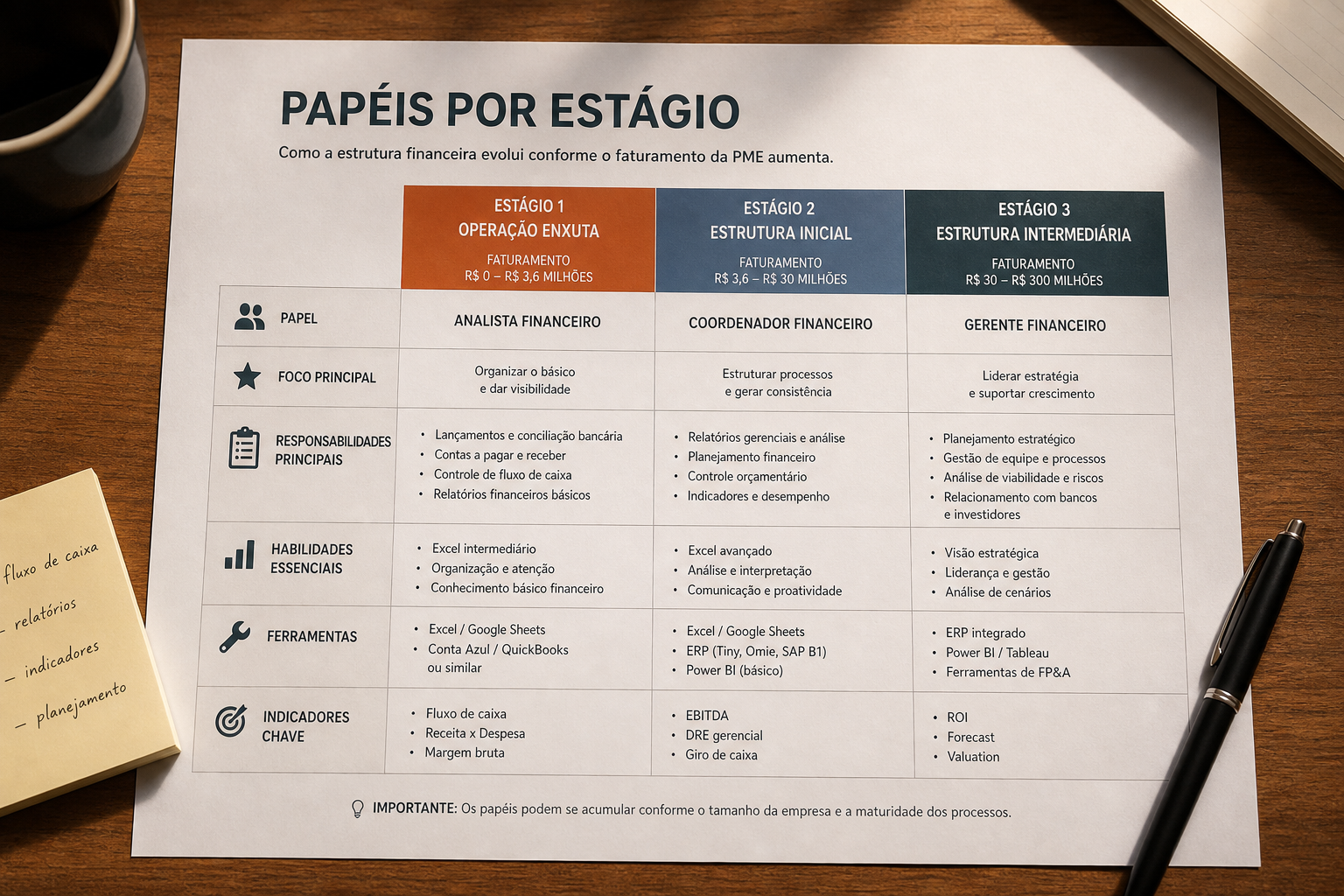 Mapa de papéis do setor financeiro por estágio de faturamento da PME — blog contabilidade — Apollo Gestão Financeira