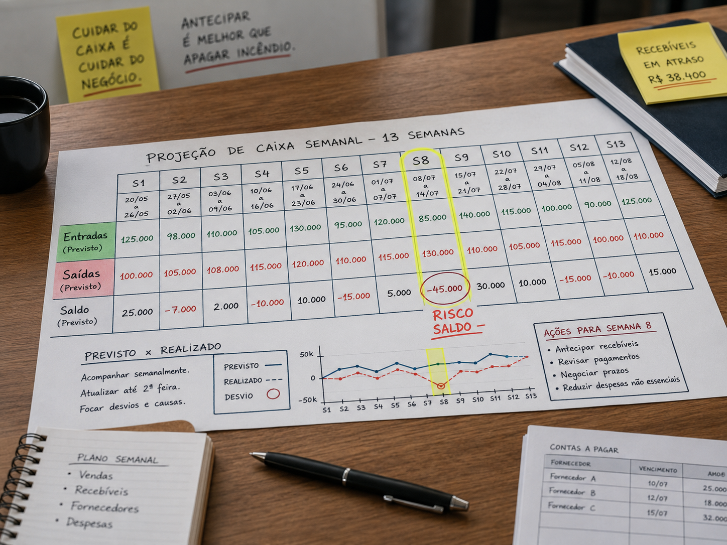 Projeção de 13 semanas com semana de risco destacada (previsto vs realizado)