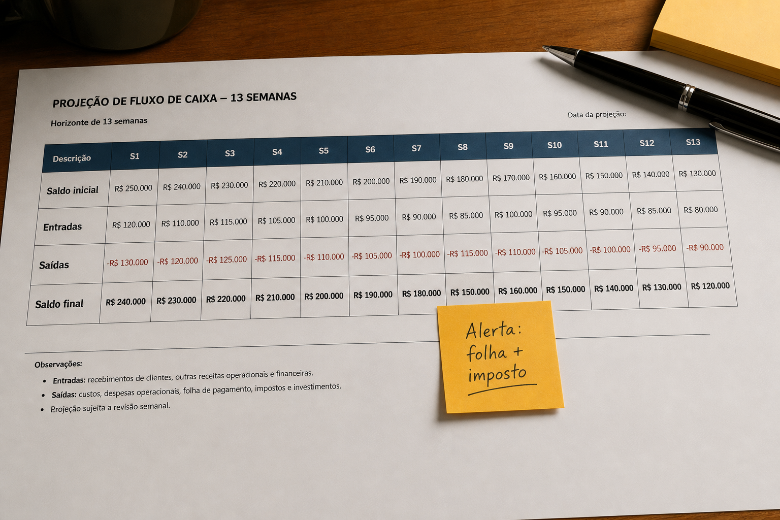 Projeção de fluxo de caixa em 13 semanas com saldo inicial, entradas, saídas e saldo final por semana — blog contabilidade — Apollo Gestão Financeira