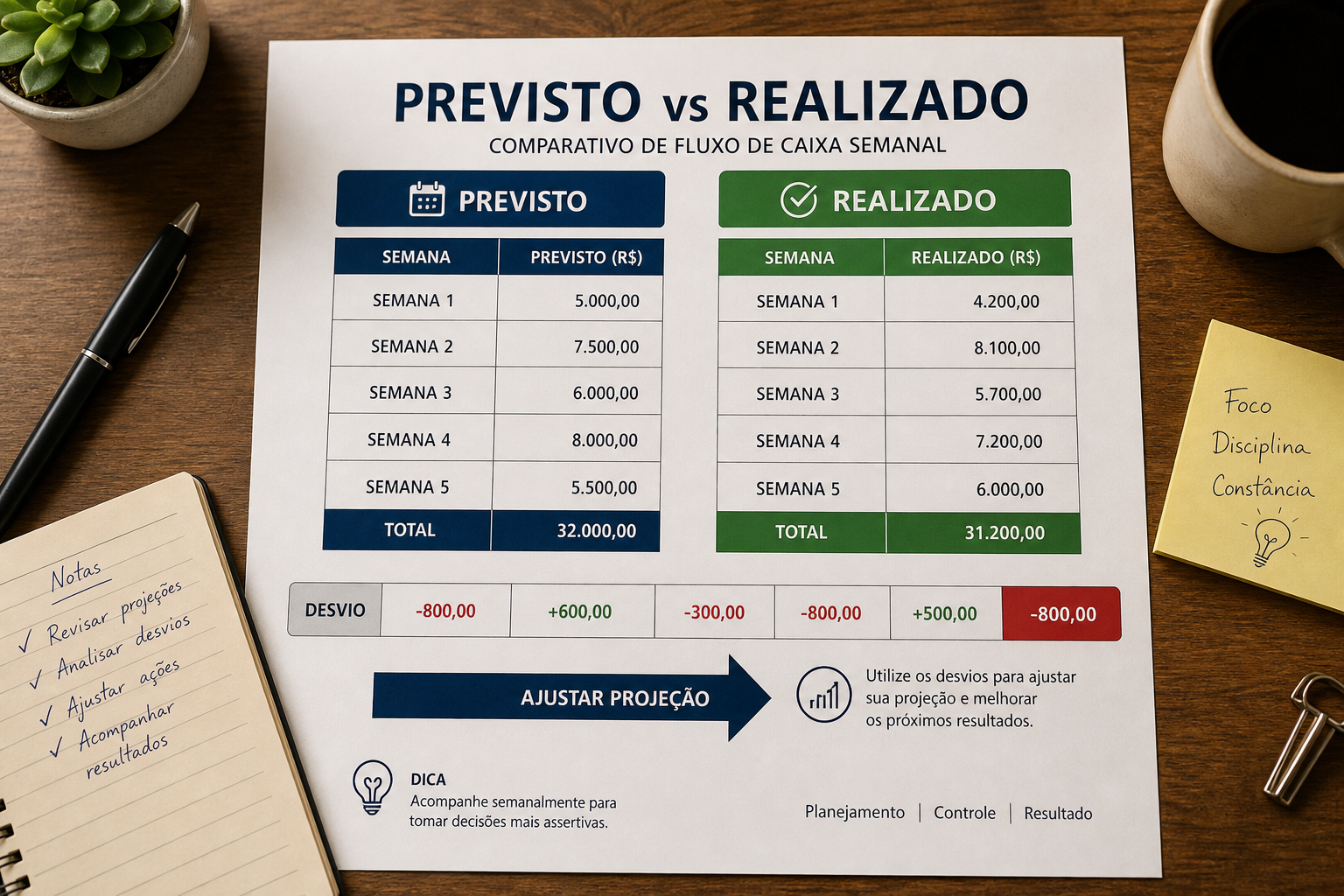 Comparativo previsto versus realizado de caixa com colunas de desvio e ajuste da projeção — blog contabilidade — Apollo Gestão Financeira