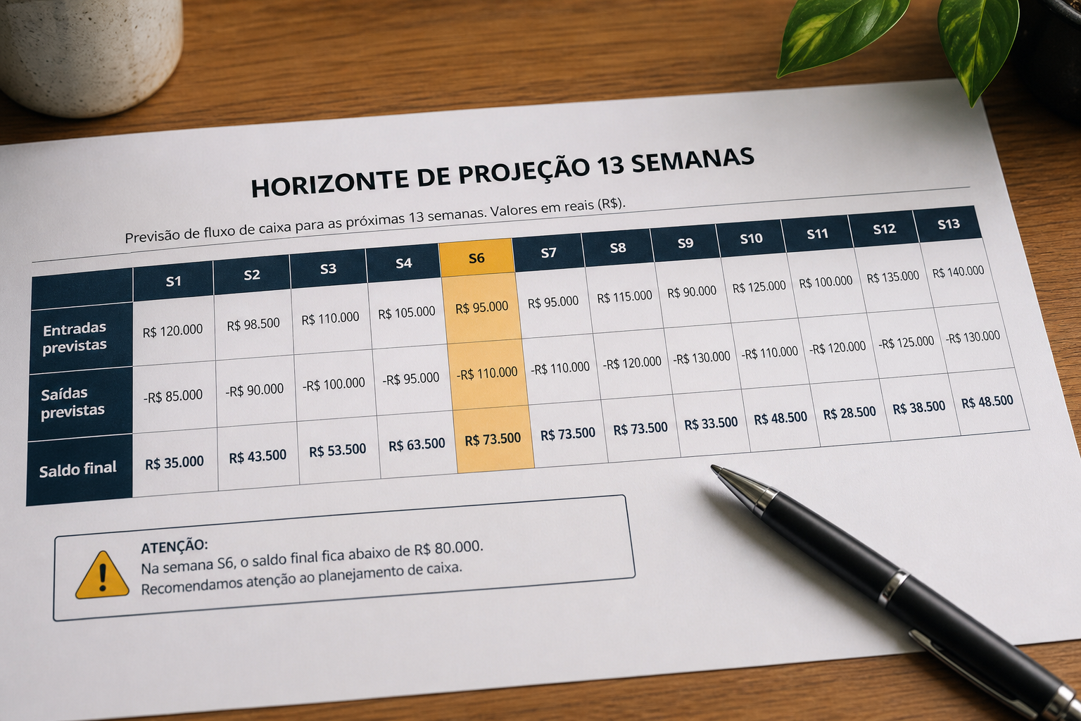 Projeção de caixa empresarial com colunas semanais S1 a S13 e linhas de entradas, saídas e saldo final — blog contabilidade — Apollo Gestão Financeira