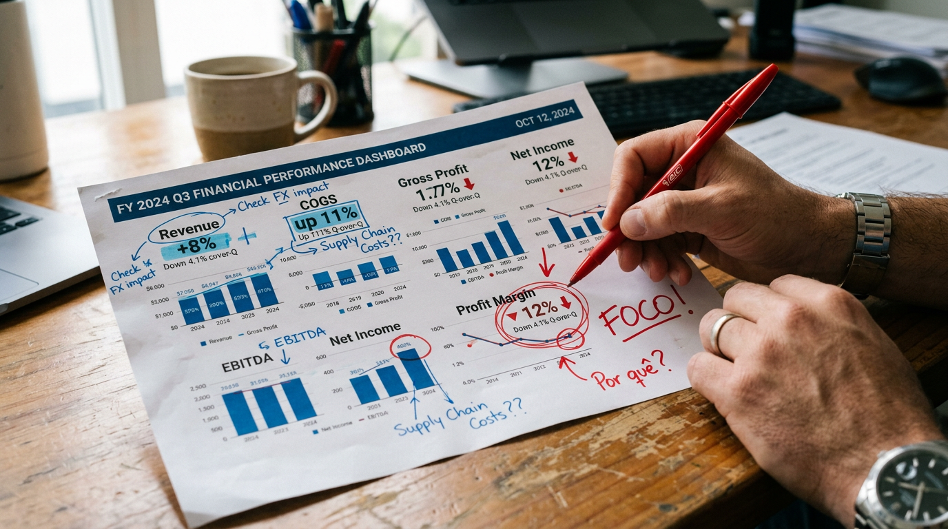 Indicadores financeiros estratégicos apresentados em reunião de análise de resultados