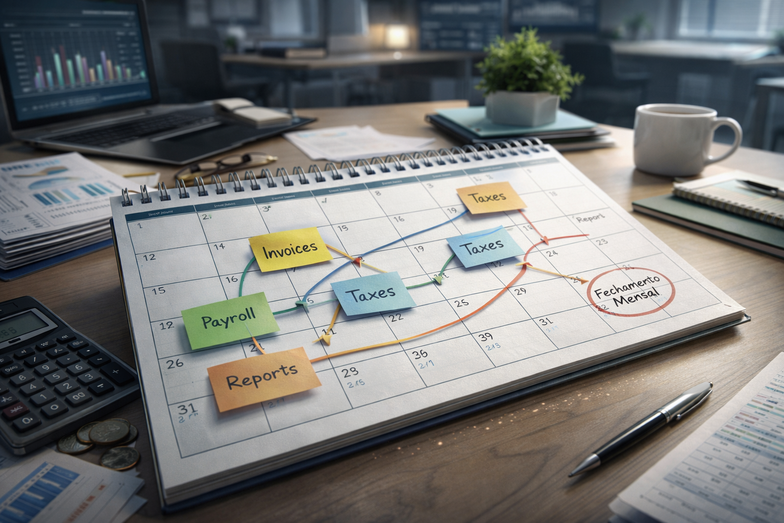 Calendário financeiro com rotinas e fechamentos mensais definidos