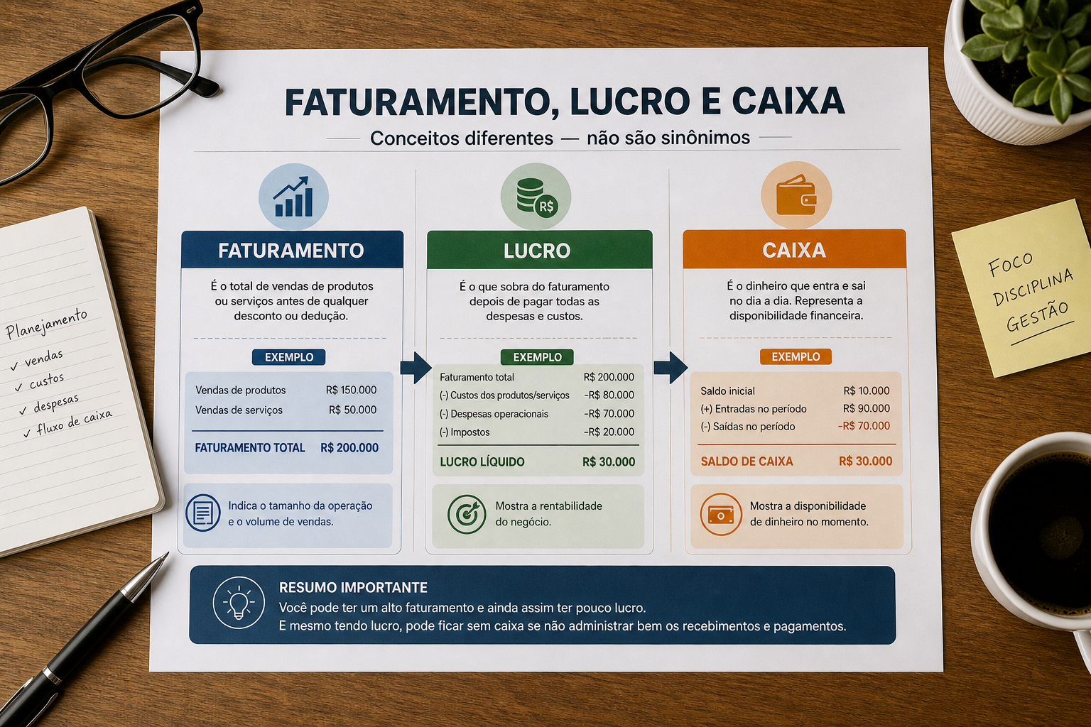 Comparação visual entre faturamento, lucro e caixa em três blocos distintos — blog contabilidade — Apollo Gestão Financeira