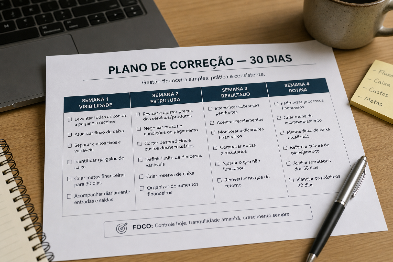 Plano de correção financeira em 30 dias dividido em quatro semanas — blog contabilidade — Apollo Gestão Financeira