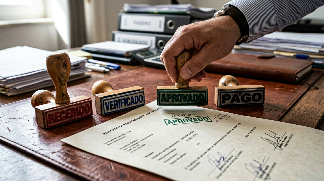 Fluxo detalhado de contas a pagar terceirizado com aprovação remota e confirmação bancária