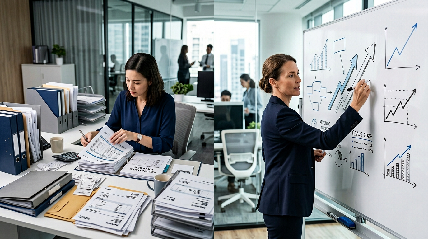 Contraste entre operação financeira do dia a dia e direção financeira estratégica