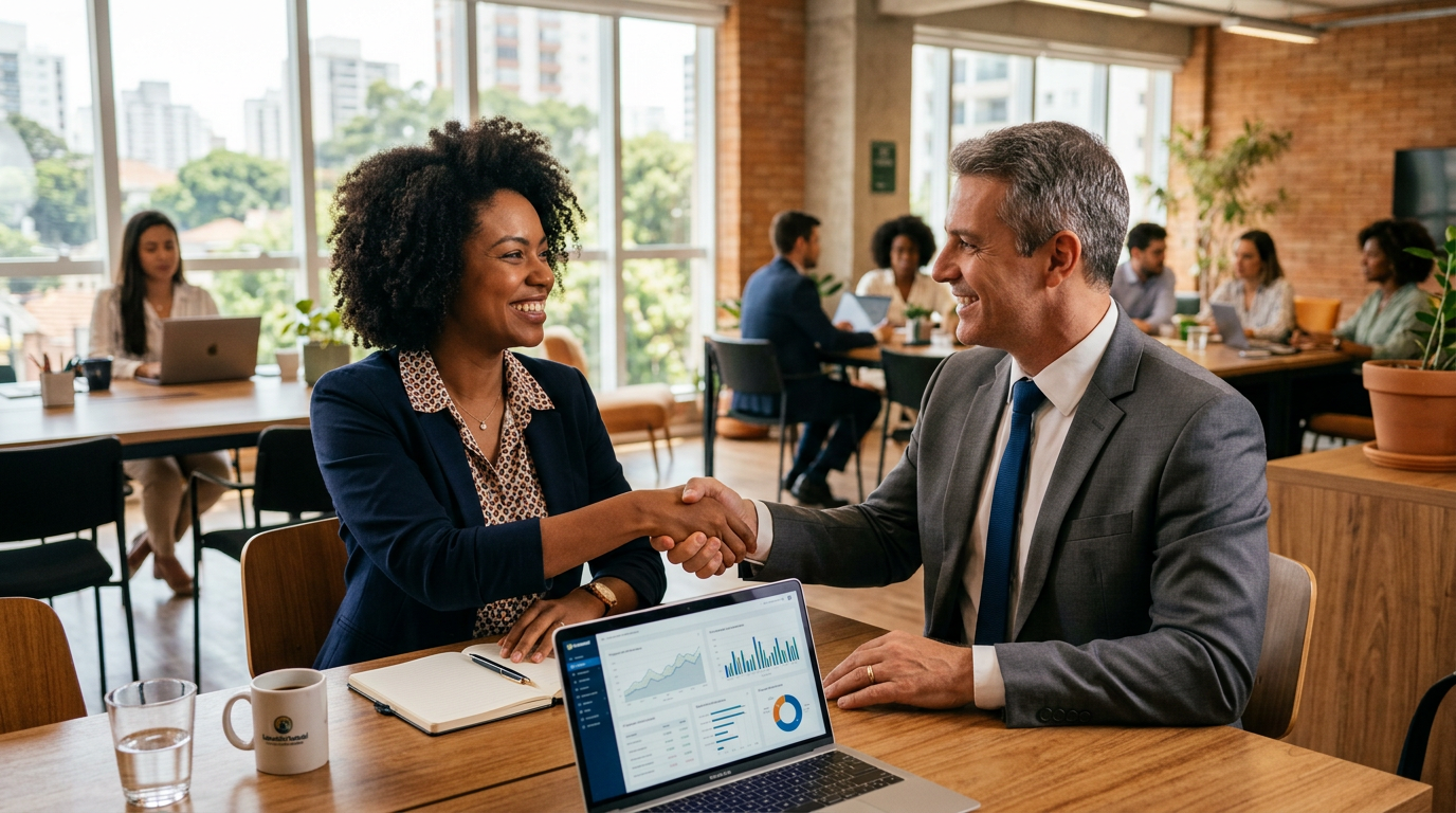 Empresário de PME em reunião com consultor financeiro estratégico