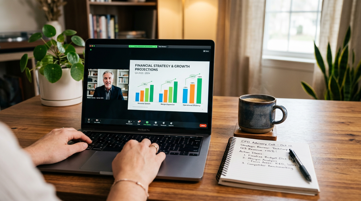 CFO as a Service atuando remotamente com empresa, apresentando estratégia financeira