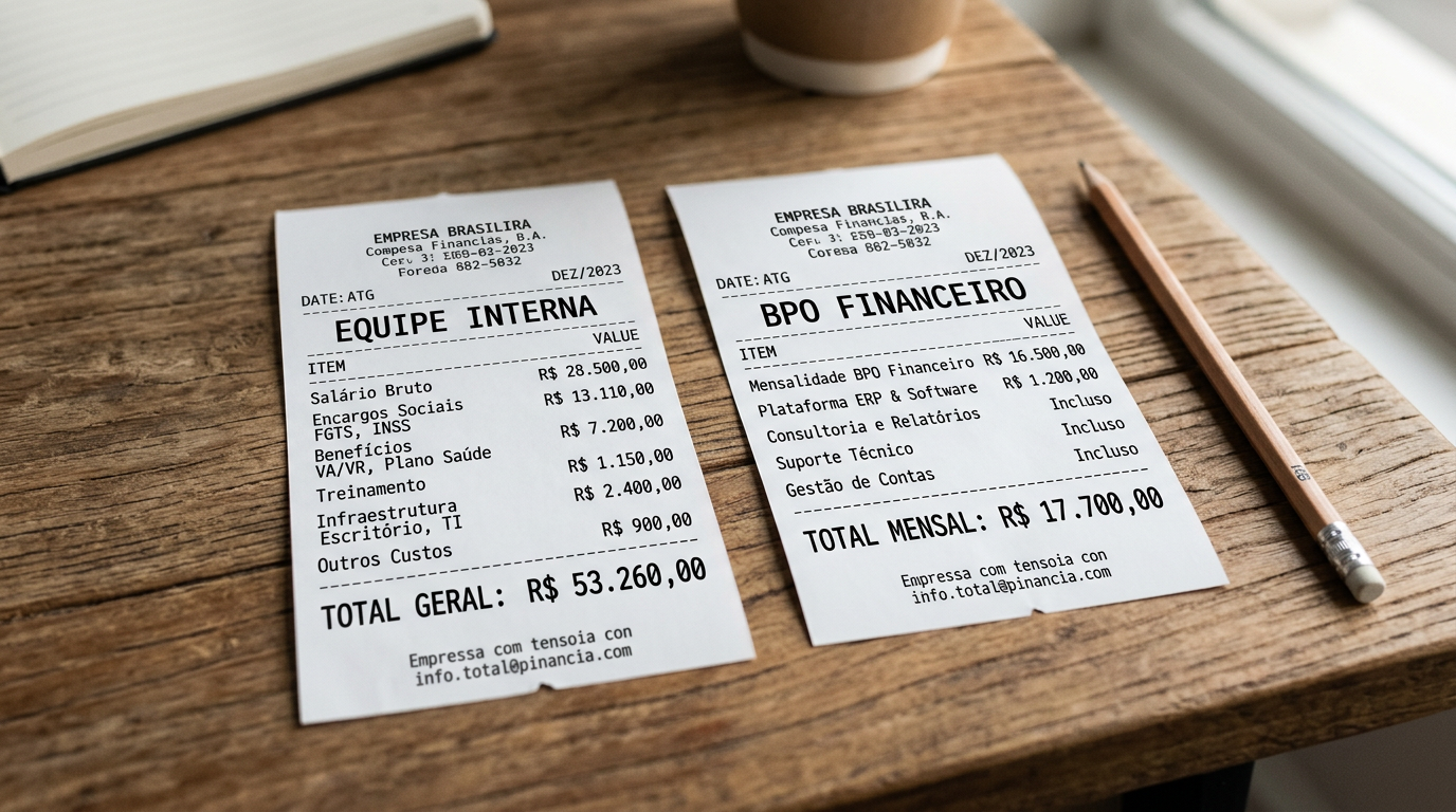 Balança comparando custo total do financeiro interno versus BPO terceirizado