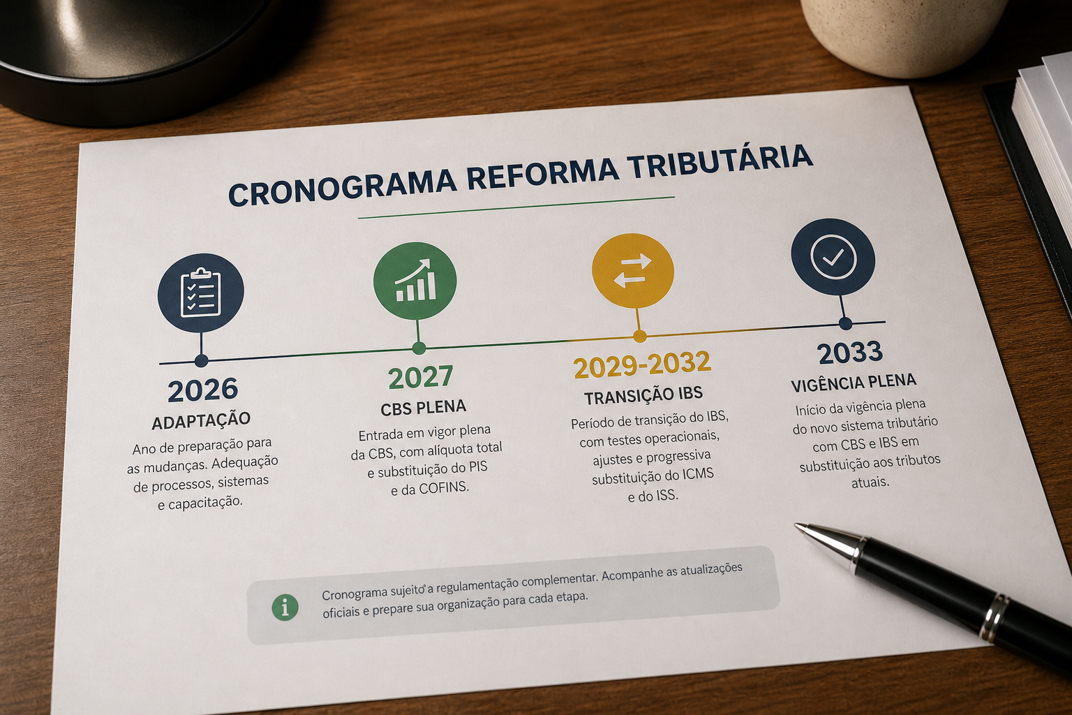 Linha do tempo da reforma tributária 2026 a 2033 com fases CBS IBS e extinção — blog contabilidade — Apollo Gestão Financeira Linha do tempo da reforma tributária 2026 a 2033 com fases CBS IBS e extinção — blog contabilidade — Apollo Gestão Financeira
